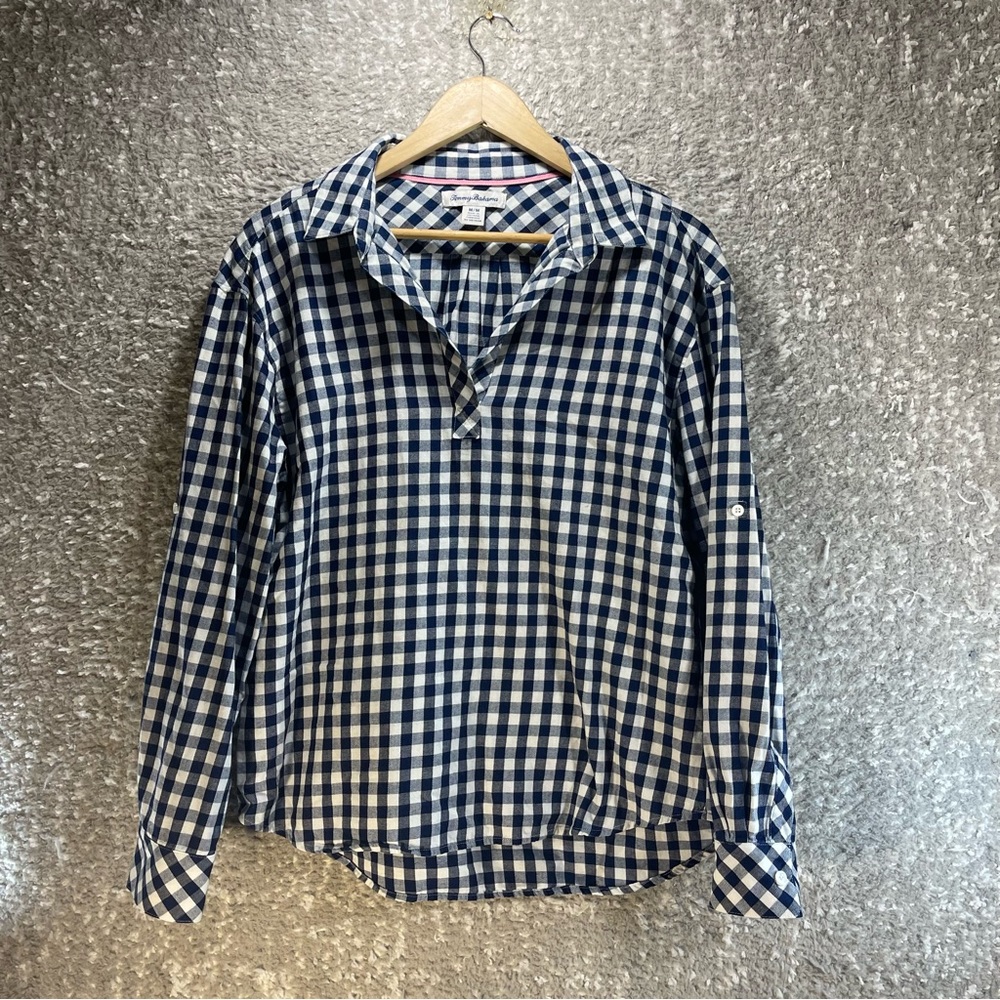 Tommy Bahamaโ Women's Top Shirt Tunic Pullover Cotton Size M Plaid Blue White